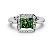 Halo Engagement Ring Setting for Fancy Green Princess Cut Center with Tapered Plain Band and Prong Head in Sterling Silver