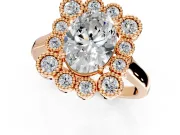 Cluster Halo Engagement Ring Setting for Oval Center with Milgrain Bezel Accents and Prong Head in Rose Gold
