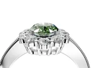 Halo Engagement Ring Setting for Fancy Green Oval Center with Milgrain Channel Band and Prong Head in White Gold