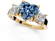 3 Stone Engagement Ring Setting for Fancy Blue Heart-Shaped Center with Matching Side Accents and Prong Head in Yellow Gold