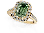Halo Engagement Ring Setting for Fancy Green Emerald Cut Center with Raised Halo, Pave Band and Prong Head in Yellow Gold
