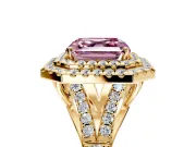 Double Halo Engagement Ring Setting for Fancy Pink Asscher Cut Center with Narrow Pave Split Shank and Prong Head in Yellow Gold