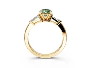 3 Stone Engagement Ring Setting for Fancy Green Pear-Shaped Center with Channel Baguette Accents and Prong Head in Yellow Gold