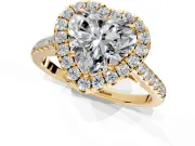 Halo Engagement Ring Setting for Heart-Shaped Center with Narrowing Pave Band and Prong Head in Yellow Gold