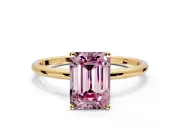 Solitaire Engagement Ring Setting for Fancy Pink Emerald Cut Center with Straight Thin Band and Prong Head in Yellow Gold