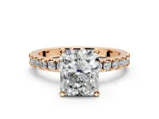 Solitaire Engagement Ring Setting for Radiant Cut Center with Fine Pave Band and Claw Prong Head in Rose Gold