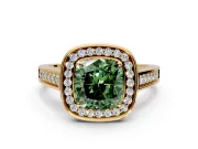 Halo Engagement Ring Setting for Fancy Green Cushion Cut Center with Outer Bezel Rim, Pave Band and Prong Head in Yellow Gold