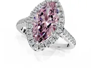 Halo Engagement Ring Setting for Fancy Pink Marquise Center with Narrowing Pave Band and Prong Head in White Gold