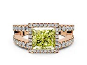 Halo Engagement Ring Setting for Fancy Yellow Princess Cut Center with Wide-Open Pave Split Shank and Prong Head in Rose Gold