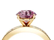 Solitaire Engagement Ring Setting for Fancy Pink Round Cut Center with Channel Baguette Band and Prong Head in Yellow Gold