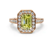 Bezel-Framed Halo Engagement Ring Setting for Fancy Yellow Emerald Cut Center with Pave Band and Prong Head in Rose Gold