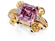 Solitaire Engagement Ring Setting for Fancy Pink Asscher Cut Center with Twisted Band and Scroll Prong Head in Yellow Gold