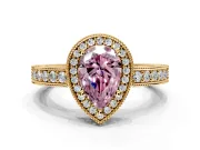 Milgrain Halo Engagement Ring Setting for Fancy Pink Pear-Shaped Center with Wide Pave Band and Prong Head in Yellow Gold