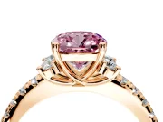 Paired Accent Engagement Ring Setting for Fancy Pink Cushion Cut Center with Pave Band and Prong Head in Rose Gold