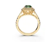 Double Halo Engagement Ring Setting for Fancy Green Cushion Cut Center with Narrow Pave Split Shank and Prong Head in Yellow Gold
