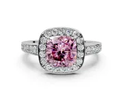 Bezel-Framed Halo Engagement Ring Setting for Fancy Pink Cushion Cut Center with Pave Band and Prong Head in White Gold