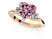 3 Stone Engagement Ring Setting for Fancy Pink Heart-Shaped Center with Wide Plain Band and Prong Head in Rose Gold