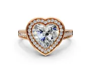 Halo Engagement Ring Setting for Heart-Shaped Center with Outer Bezel Rim, Pave Band and Prong Head in Rose Gold