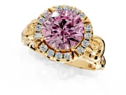 Halo Engagement Ring Setting for Fancy Pink Round Cut Center with Open Scroll Shoulders and Prong Head in Yellow Gold