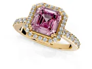 Halo Engagement Ring Setting for Fancy Pink Asscher Cut Center with Inner Milgrain Border and Prong Head in Yellow Gold
