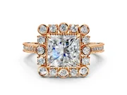 Milgrain Halo Engagement Ring Setting for Princess Cut Center with Bezel Point Accents and Prong Head in Rose Gold