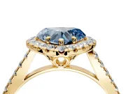 Halo Engagement Ring Setting for Fancy Blue Heart-Shaped Center with Raised Halo, Pave Band and Prong Head in Yellow Gold