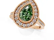 Halo Engagement Ring Setting for Fancy Green Pear-Shaped Center with Milgrain Frame, Pave Band and Prong Head in Rose Gold
