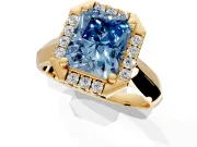 Halo Engagement Ring Setting for Fancy Blue Radiant Cut Center with Square Band and Prong Head in Yellow Gold