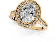 Halo Engagement Ring Setting for Oval Center with Milgrain Pave Band and Bezel Head in Yellow Gold