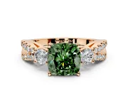 3 Stone Engagement Ring Setting for Fancy Green Cushion Cut Center with Pave Split Shank and Prong Head in Rose Gold