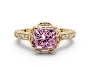 Floral Engagement Ring Setting for Fancy Pink Princess Cut Center with Four Accent Clusters and Prong Head in Yellow Gold
