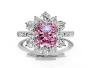 Floral Halo Engagement Ring Setting for Fancy Pink Radiant Cut Center with Pave Accents and Prong Head in White Gold