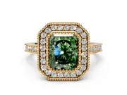 Halo Engagement Ring Setting for Fancy Green Radiant Cut Center with Milgrain Frame, Pave Band and Prong Head in Yellow Gold