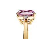 3 Stone Engagement Ring Setting for Fancy Pink Asscher Cut Center with Low-Set Round Cut Accents and Prong Head in Yellow Gold
