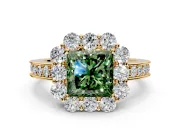 Halo Engagement Ring Setting for Fancy Green Princess Cut Center with Milgrain Channel Band and Prong Head in Yellow Gold