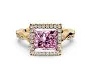 Halo Engagement Ring Setting for Fancy Pink Princess Cut Center with Twist Band and Prong Head in Yellow Gold