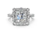 Milgrain Halo Engagement Ring Setting for Princess Cut Center with Bezel Point Accents and Prong Head in White Gold