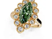 Cluster Halo Engagement Ring Setting for Fancy Green Marquise Center with Milgrain Bezel Accents and Prong Head in Yellow Gold