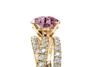 Solitaire Engagement Ring Setting for Fancy Pink Round Cut Center with Woven 3-Strand Pave Band and Prong Head in Yellow Gold