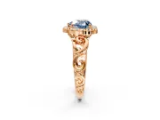 Halo Engagement Ring Setting for Fancy Blue Heart-Shaped Center with Open Scroll Shoulders and Prong Head in Rose Gold