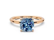 Hidden Halo Engagement Ring Setting for Fancy Blue Cushion Cut Center with Thin Rounded Band and Prong Head in Rose Gold