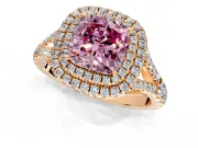 Double Halo Engagement Ring Setting for Fancy Pink Cushion Cut Center with Narrow Pave Split Shank and Prong Head in Rose Gold