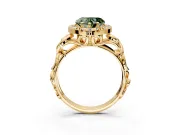 Halo Engagement Ring Setting for Fancy Green Heart-Shaped Center with Open Scroll Shoulders and Prong Head in Yellow Gold