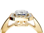 Bezel-Framed Halo Engagement Ring Setting for Radiant Cut Center with Pave Band and Prong Head in Yellow Gold