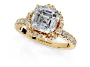 Halo Engagement Ring Setting for Asscher Cut Center with Openwork Halo, Pave Band and Prong Head in Yellow Gold