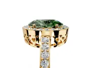 Halo Engagement Ring Setting for Fancy Green Oval Center with Heart-Shaped Openwork, Pave Band and Prong Head in Yellow Gold
