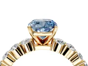 Shared-Prong Engagement Ring Setting for Fancy Blue Cushion Cut Center with Graduated Accents and Prong Head in Yellow Gold