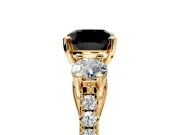3 Stone Engagement Ring Setting for Fancy Black Cushion Cut Center with Crossover Basket, Pave Band and Prong Head in Yellow Gold