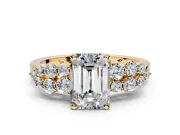 Cluster Engagement Ring Setting for Emerald Cut Center with 2-Row Shoulder Clusters and Prong Head in Yellow Gold