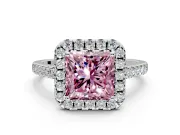 Halo Engagement Ring Setting for Fancy Pink Princess Cut Center with Raised Halo, Pave Band and Prong Head in Platinum